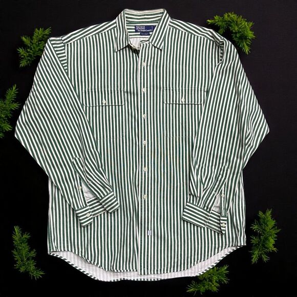 Polo by Ralph Lauren Green and White Striped Casual Button Down Shirt - Picture 1 of 8